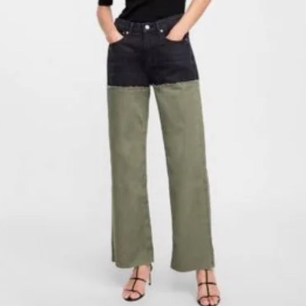 ZARA Women Premium Denim Collection City Worker Black & Green Frayed Hems Pants